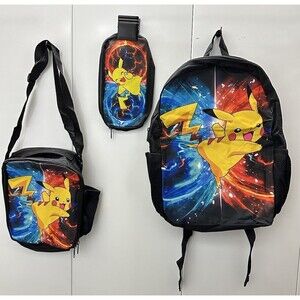 NWOT 3pc Set Pokémon Black Backpack, Lunchbox, Pencil Pouch Pikachu